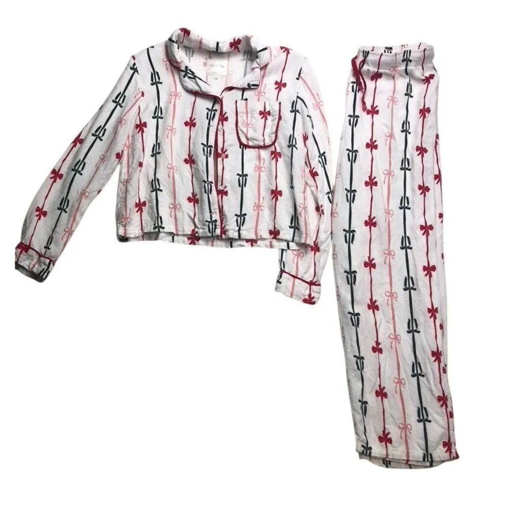 Sage & Sky Womens White Red Black Bow Ribbon Pajama Set Size S Long Sleeve Crop